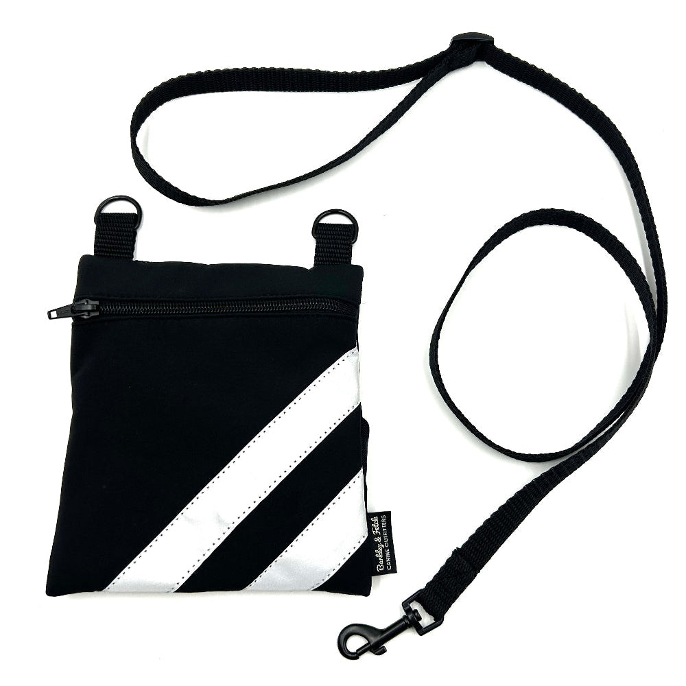 Black and white striped pouch with a strap on a white background British handmade by Barkley and Fetch