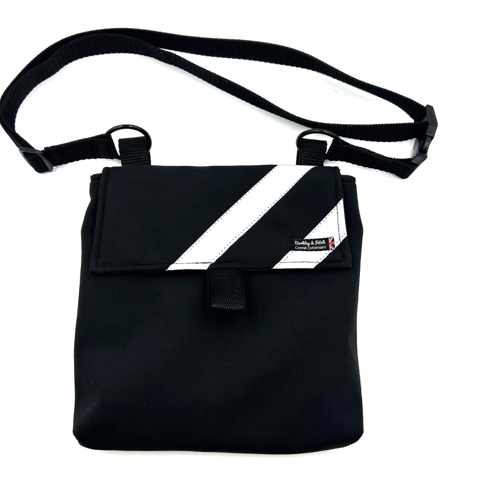 Black shoulder bag with a reflective stripe on a white background British handmade by Barkley and Fetch