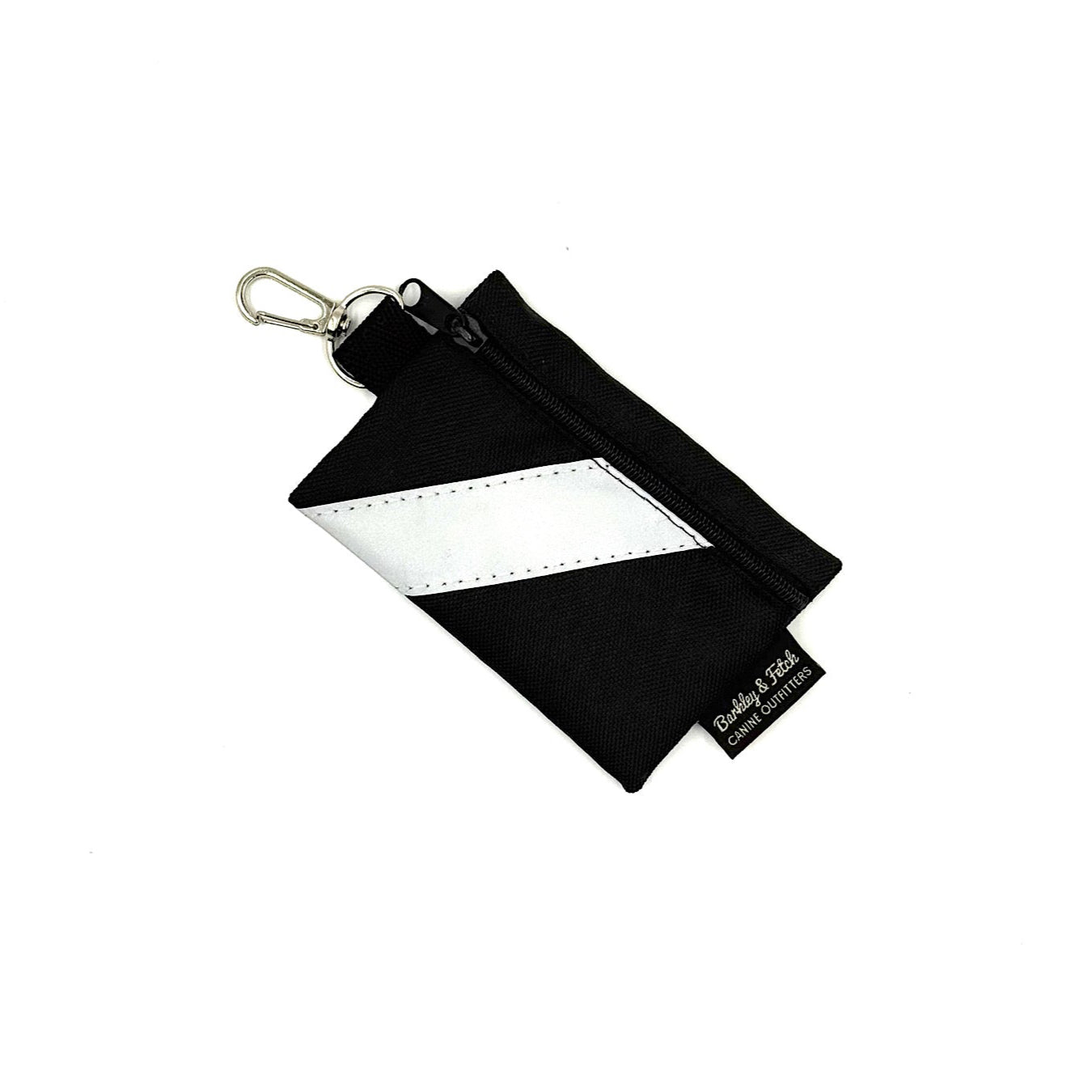 Black and white striped lanyard with a key ring on a white background