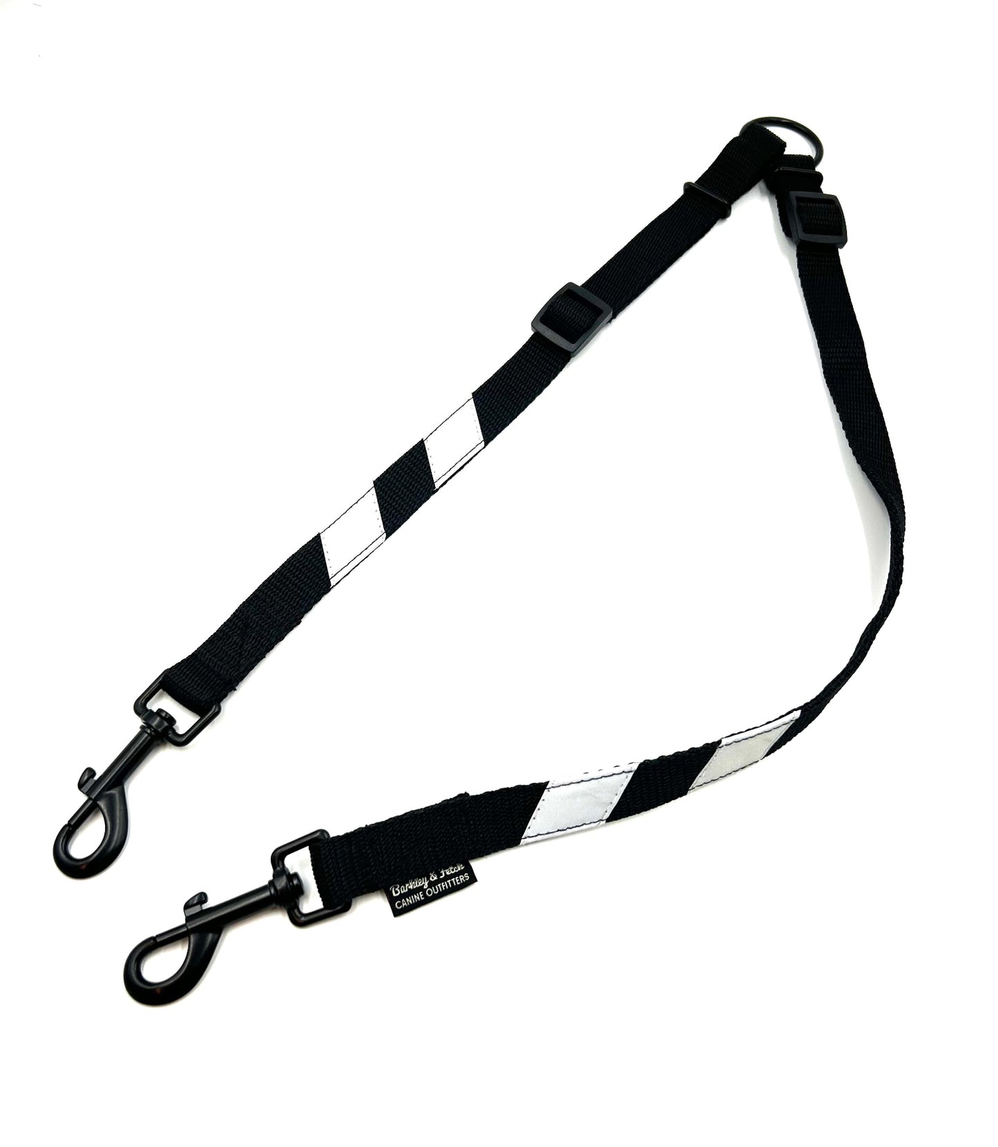 black webbing splitter lead with reflective flashes, designed for walking 2 dogs with 1 hand  handmade by Barkley and Fetch UK