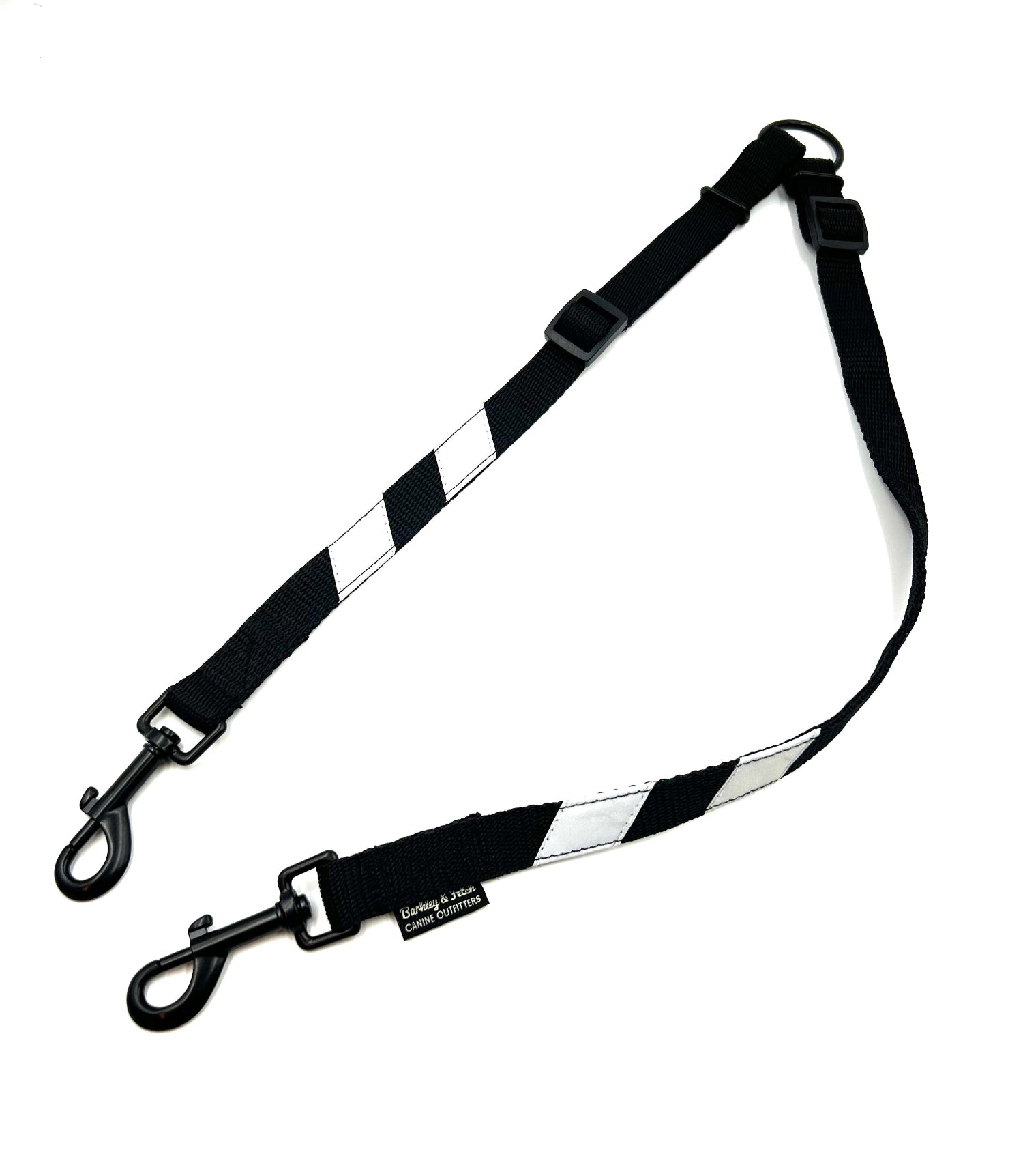 black webbing splitter lead with reflective flashes, designed for walking 2 dogs with 1 hand  handmade by Barkley and Fetch UK
