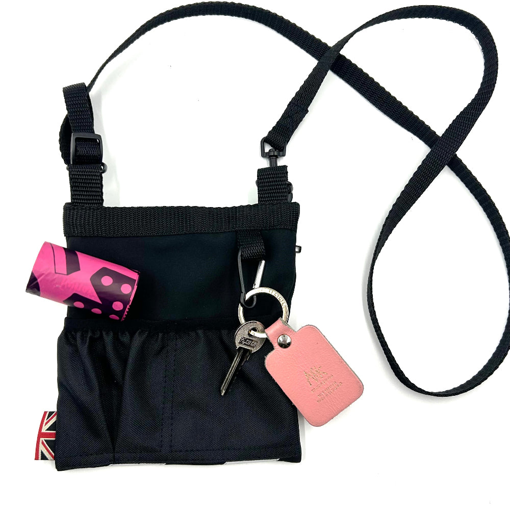 Black dog bag with keys and poo bags on a white background British handmade by Barkley and Fetch