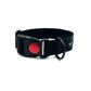 Black dog collar with a red button on a white background. Handmade in the UK by Barkley and Fetch