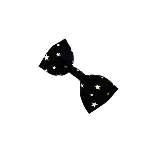 Black bow tie with white star pattern on a white background