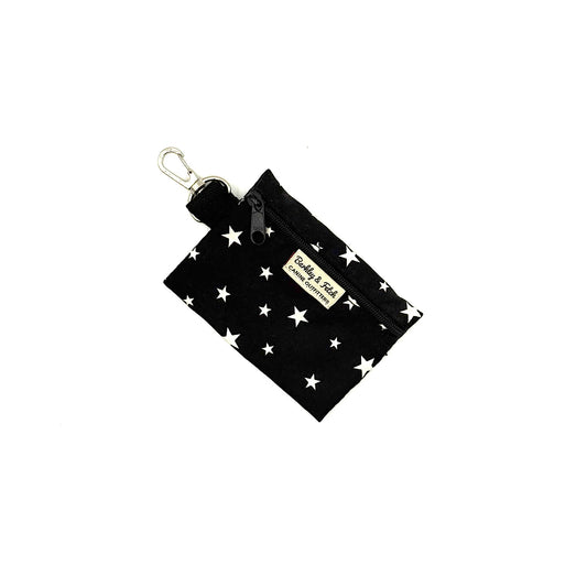 Black pouch with white star pattern and a visible brand label on a white background