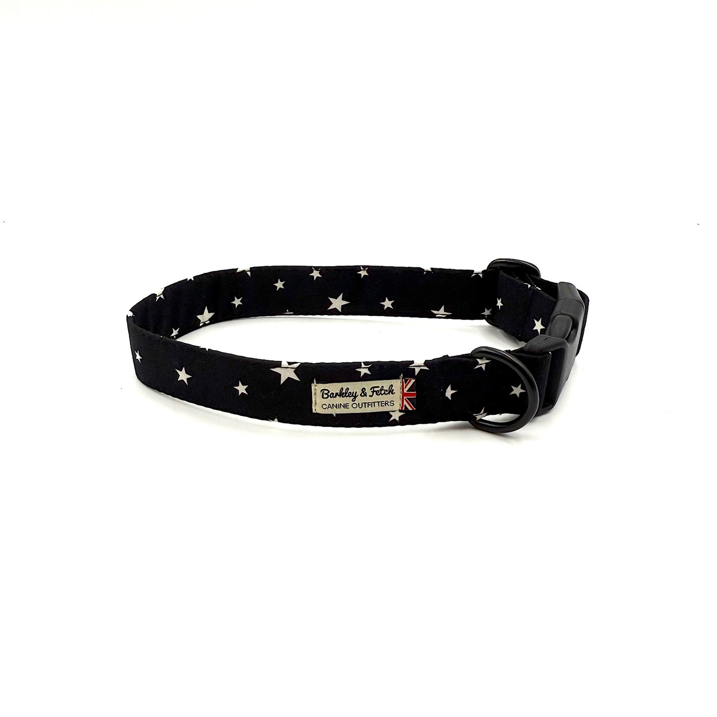 Black dog collar with white star pattern on a white background