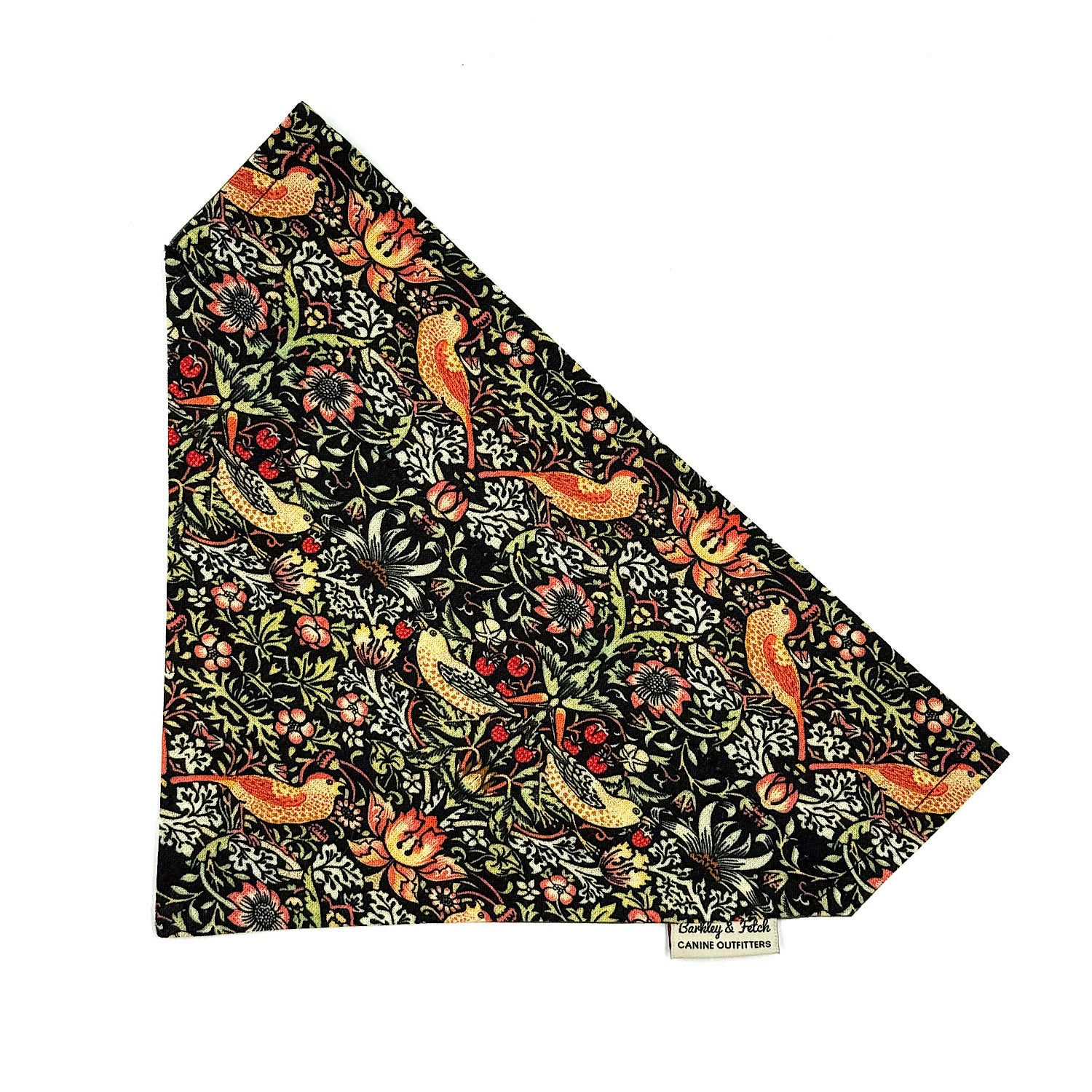 Patterned fabric with birds and flowers on a black background, featuring the brand 'Morris & Co'.