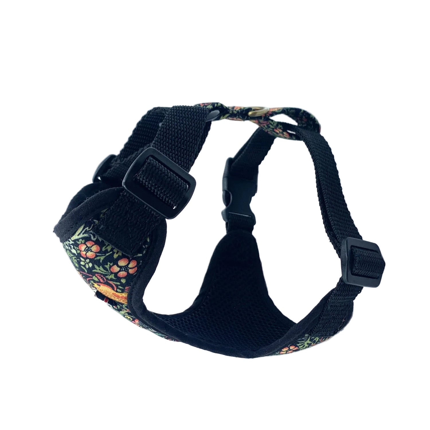 Black dog harness with floral pattern on a white background handmade by Barkley and fetch UK