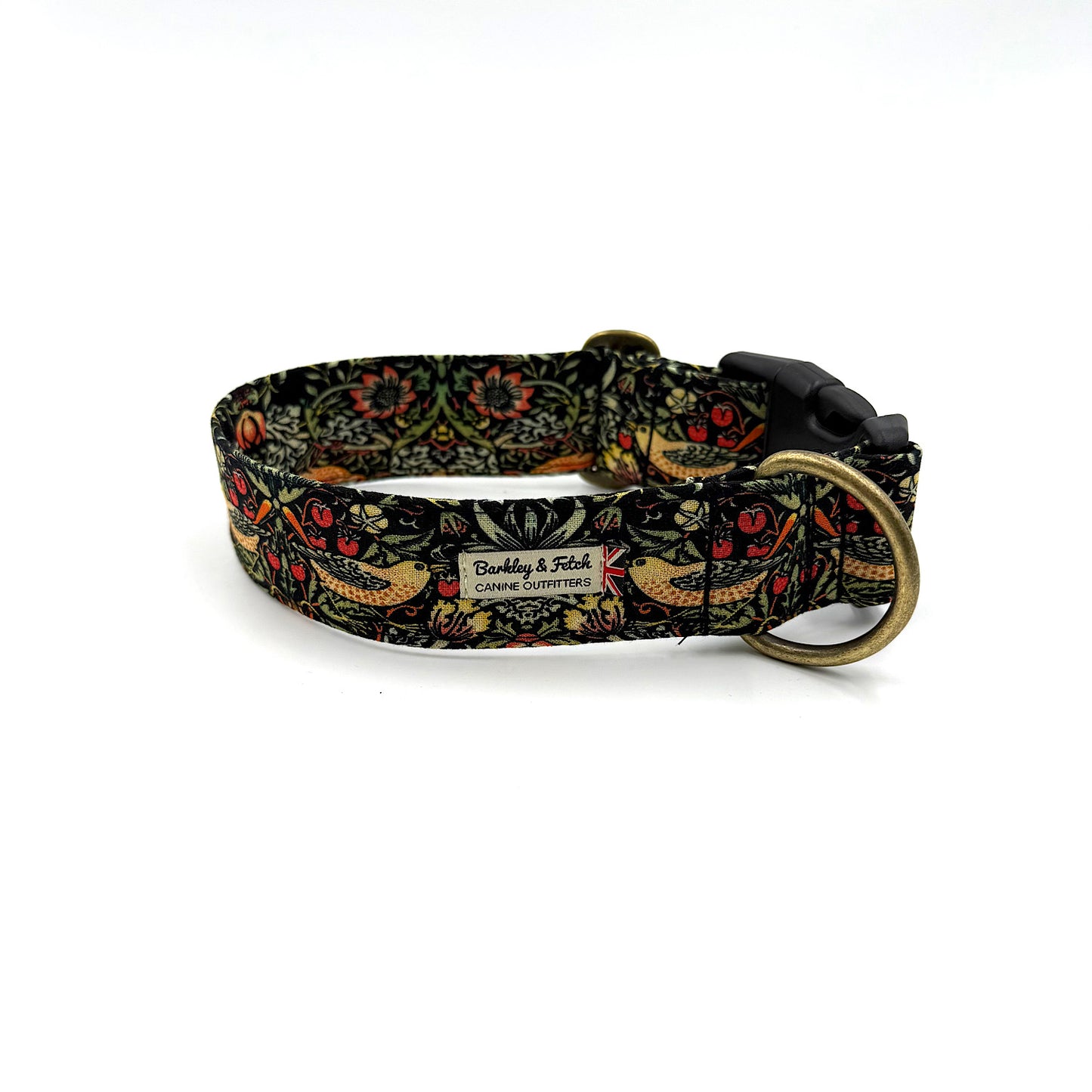 Black Strawberry Thief Wide Dog Collar