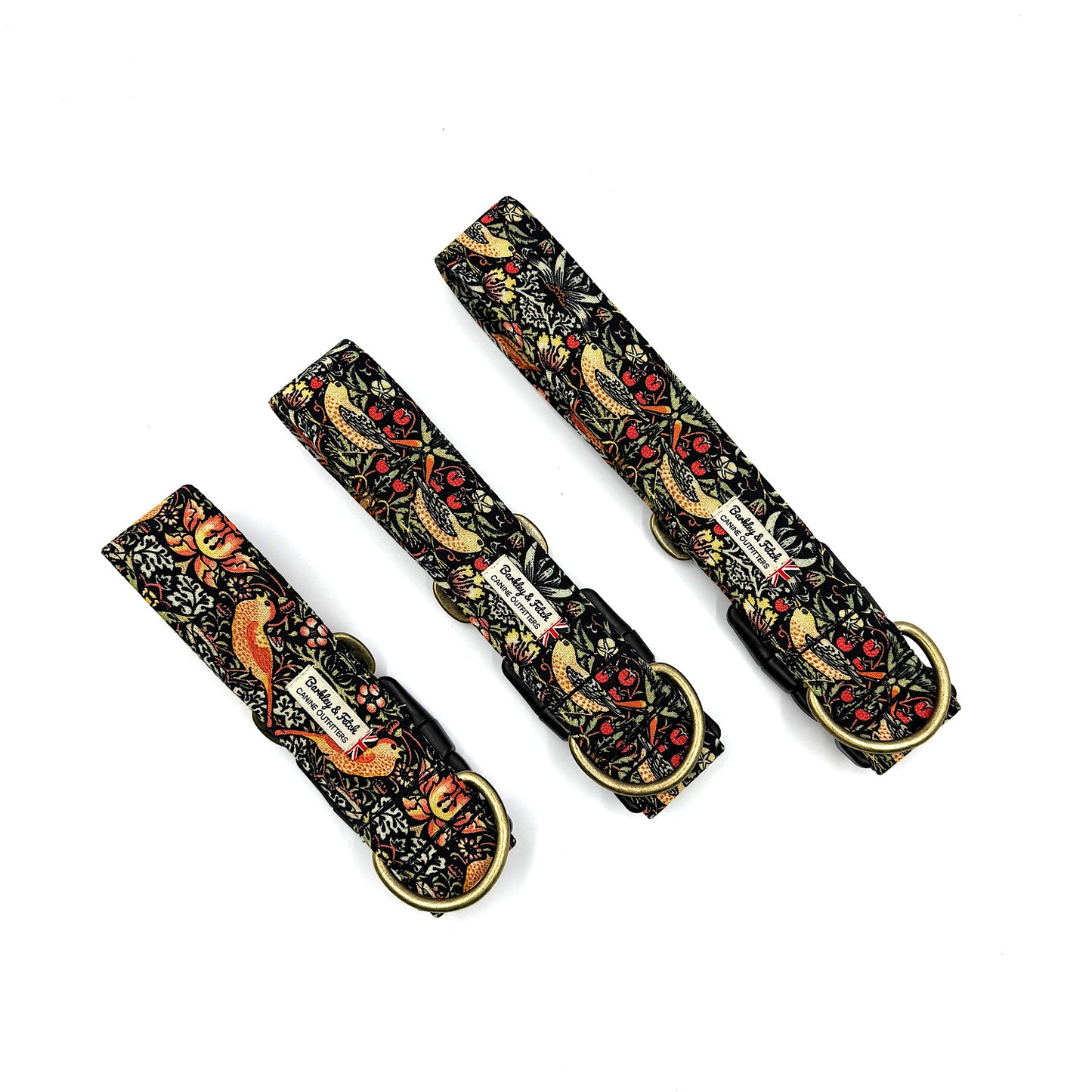 Black Strawberry Thief Wide Dog Collar