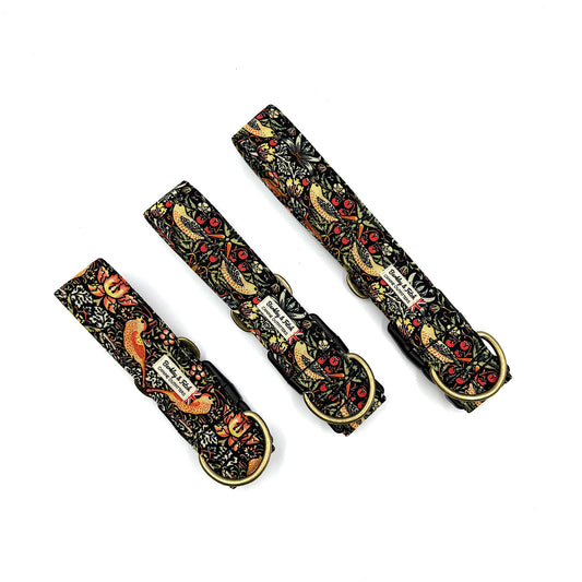 Black Strawberry Thief Wide Dog Collar