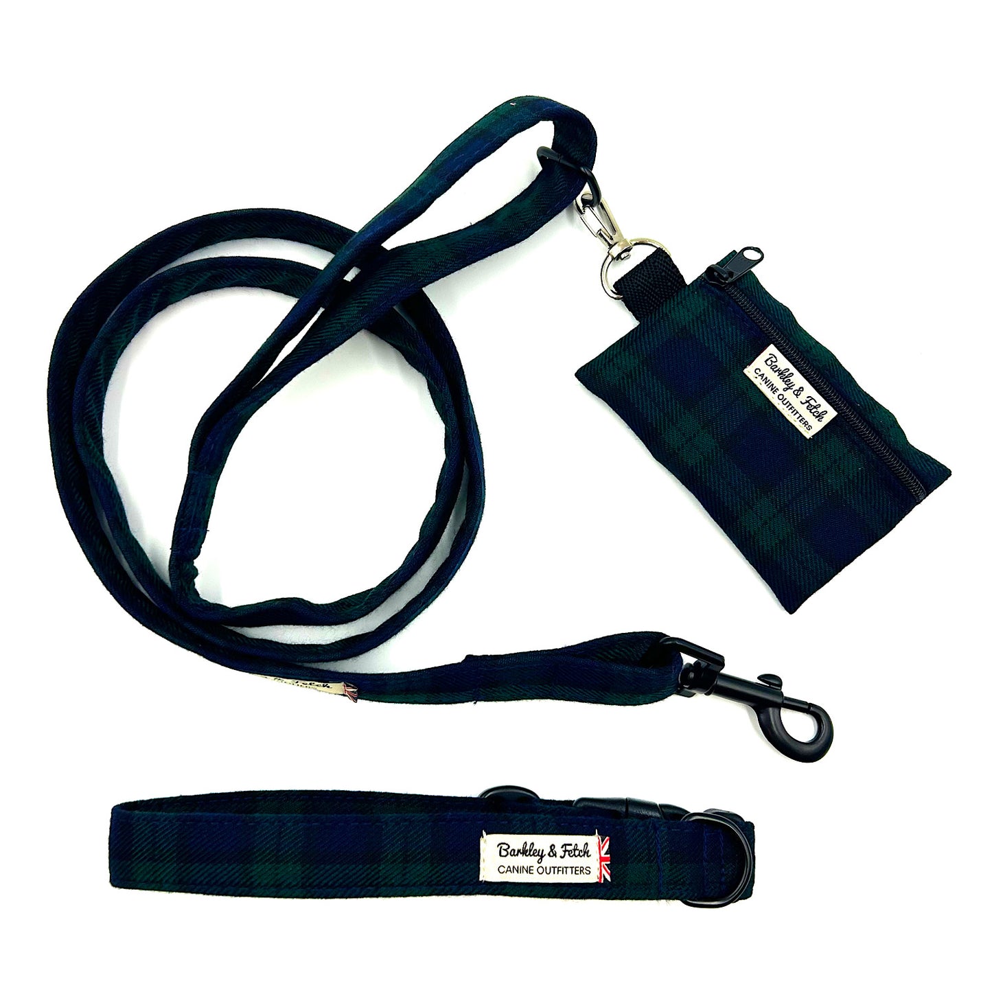 Dog leash, collar, and pouch with plaid pattern on a white background