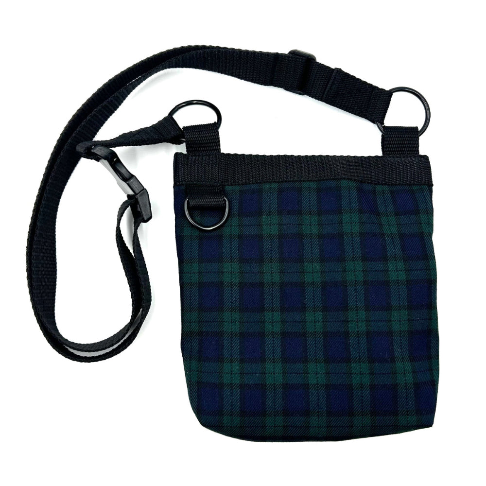 Green and black plaid bag with a strap on a white background handmade in uk by Barkley and Fetch