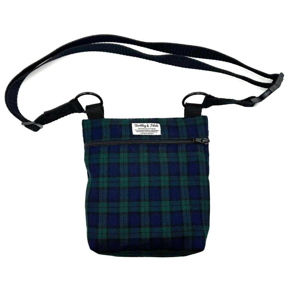 Green and black plaid bag with a strap on a white background handmade by Barkley and Fetch UK
