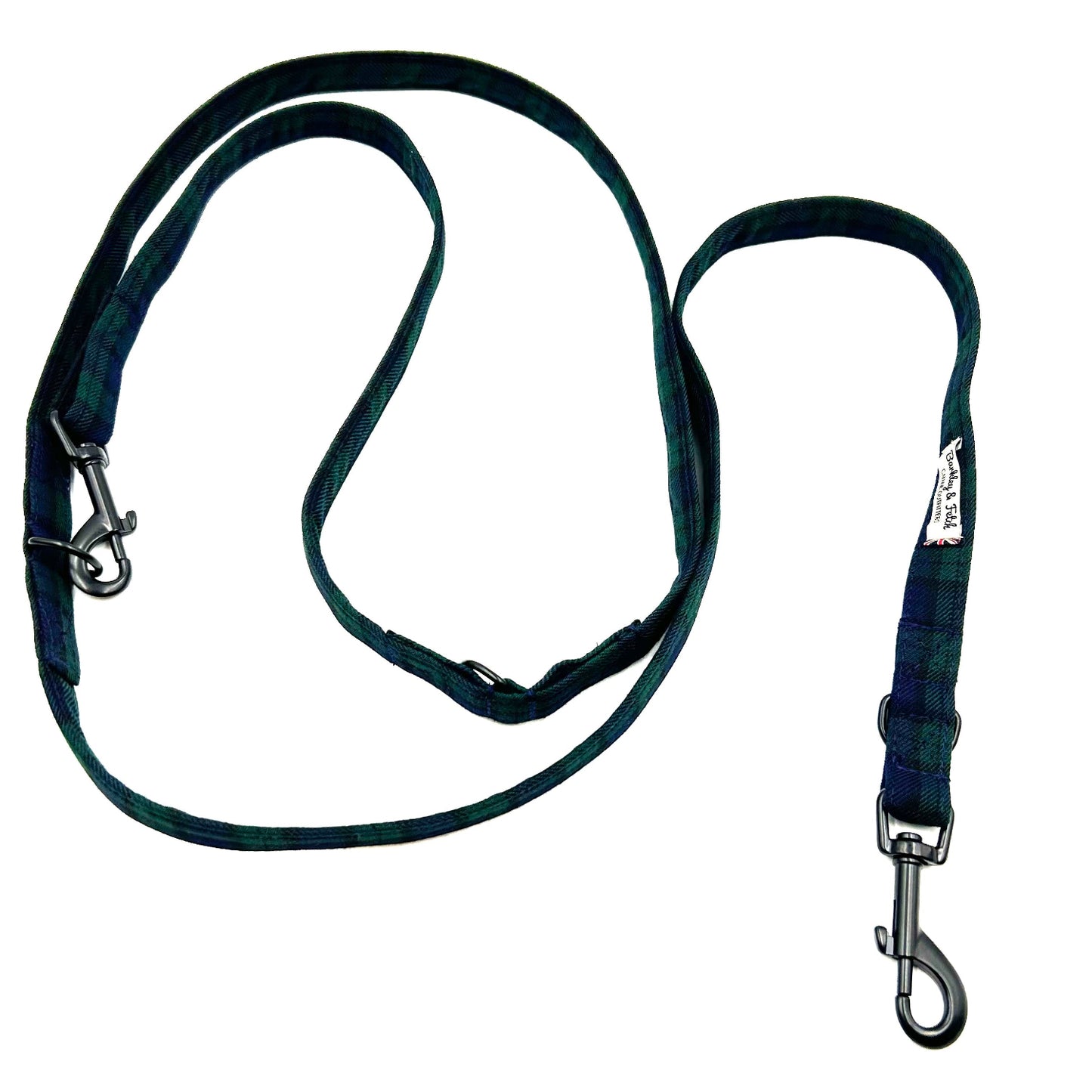 Black dog leash with metal clasp on a white background