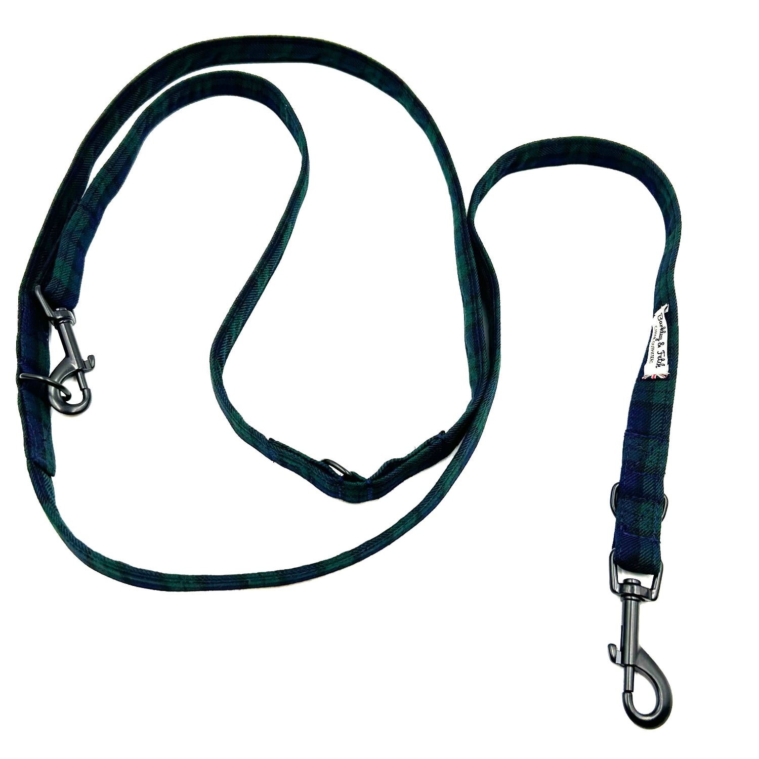 Black dog leash with metal clasp on a white background