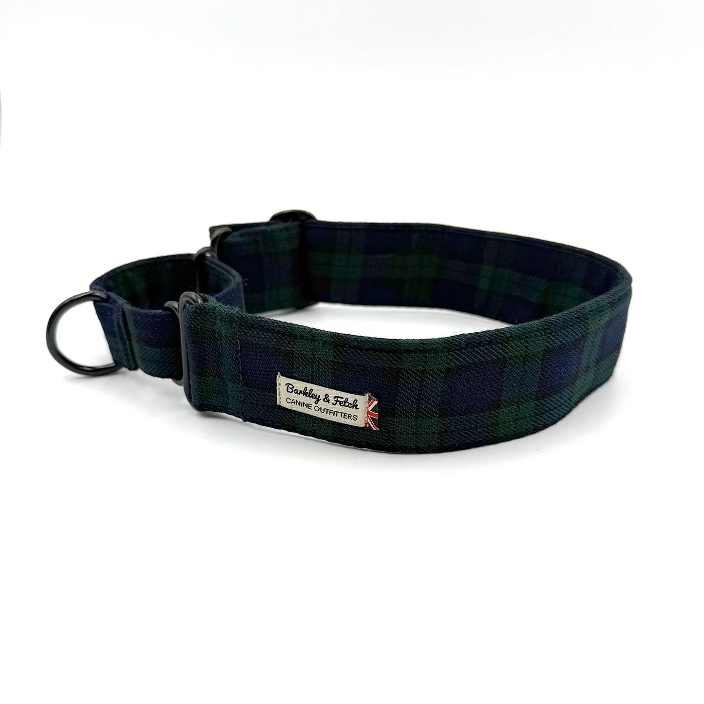 Navy plaid dog collar with a visible brand label on a white background