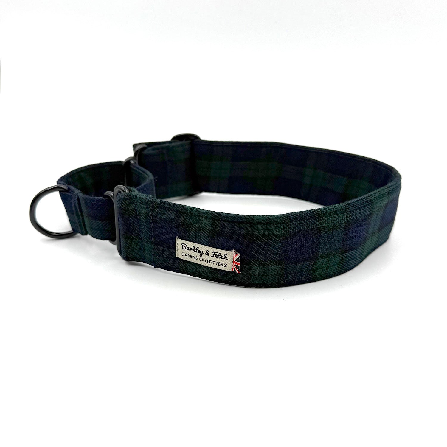 Navy plaid dog collar with a visible brand label on a white background