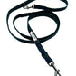 Black dog leash with metal clip on a white background
