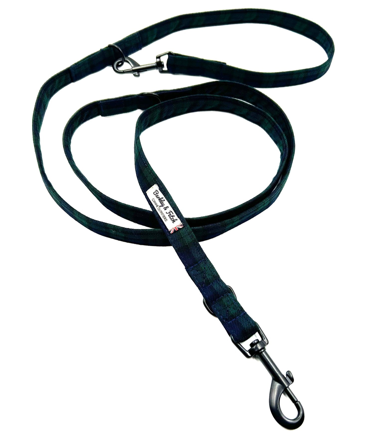 Black dog leash with metal clip on a white background