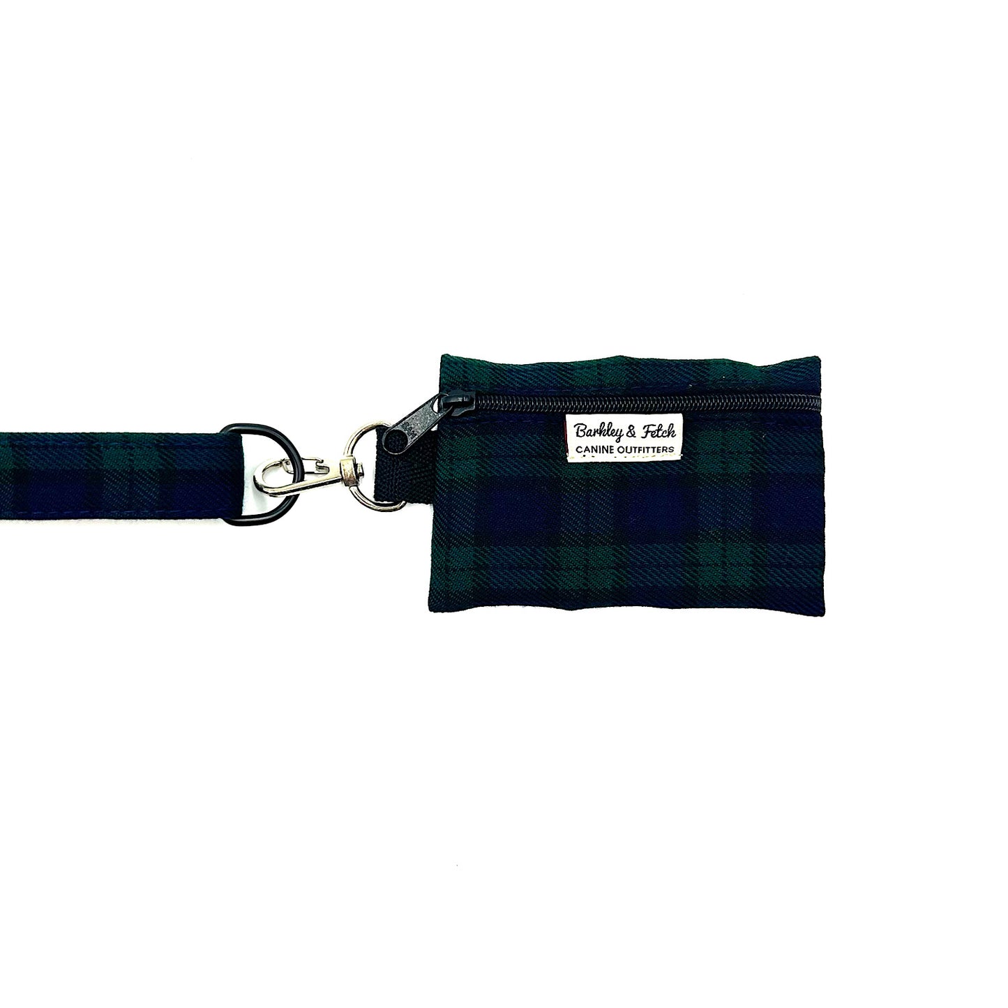 Green plaid dog leash with a matching pouch on a white background