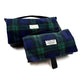 Two blue and green plaid settle mats with visible branding on a white background handmade in UK by Barkley And Fetch