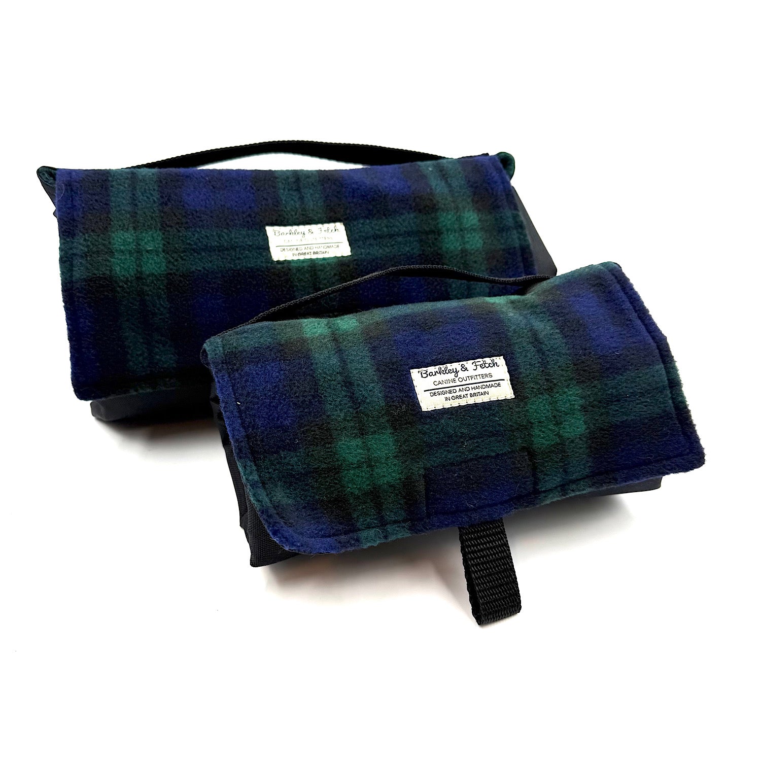 Two blue and green plaid settle mats with visible branding on a white background handmade in UK by Barkley And Fetch