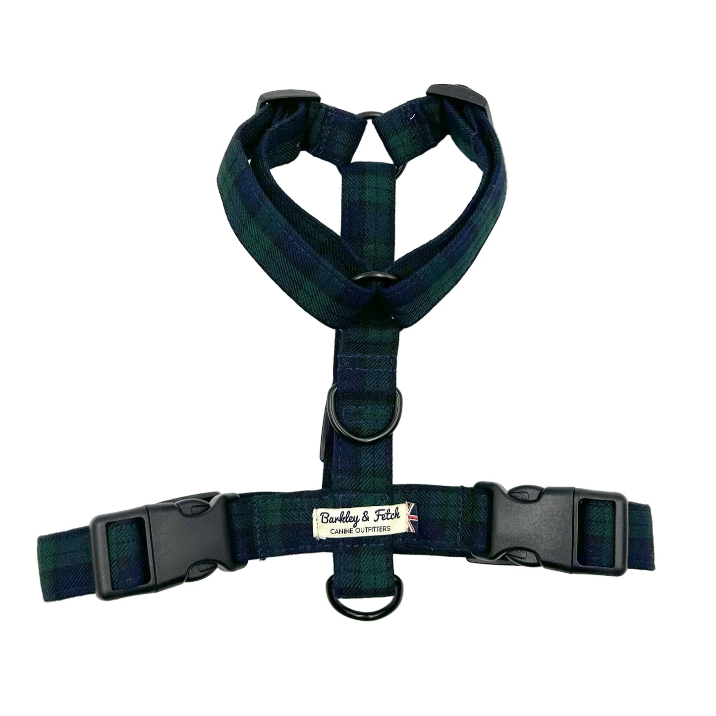 A dog harness with black watch tartan pattern, featuring adjustable straps, two side release buckles, and two D-ring positions handmade in the UK by Barkley And Fetch