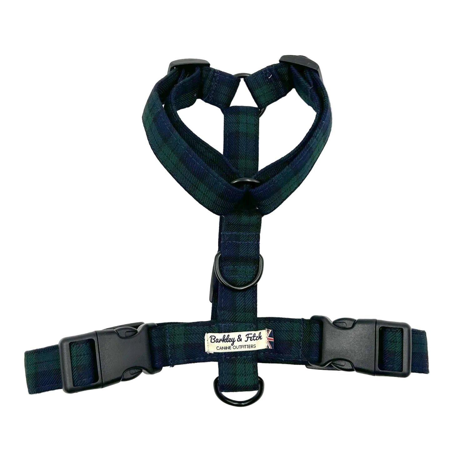 A dog harness with black watch tartan pattern, featuring adjustable straps, two side release buckles, and two D-ring positions handmade in the UK by Barkley And Fetch