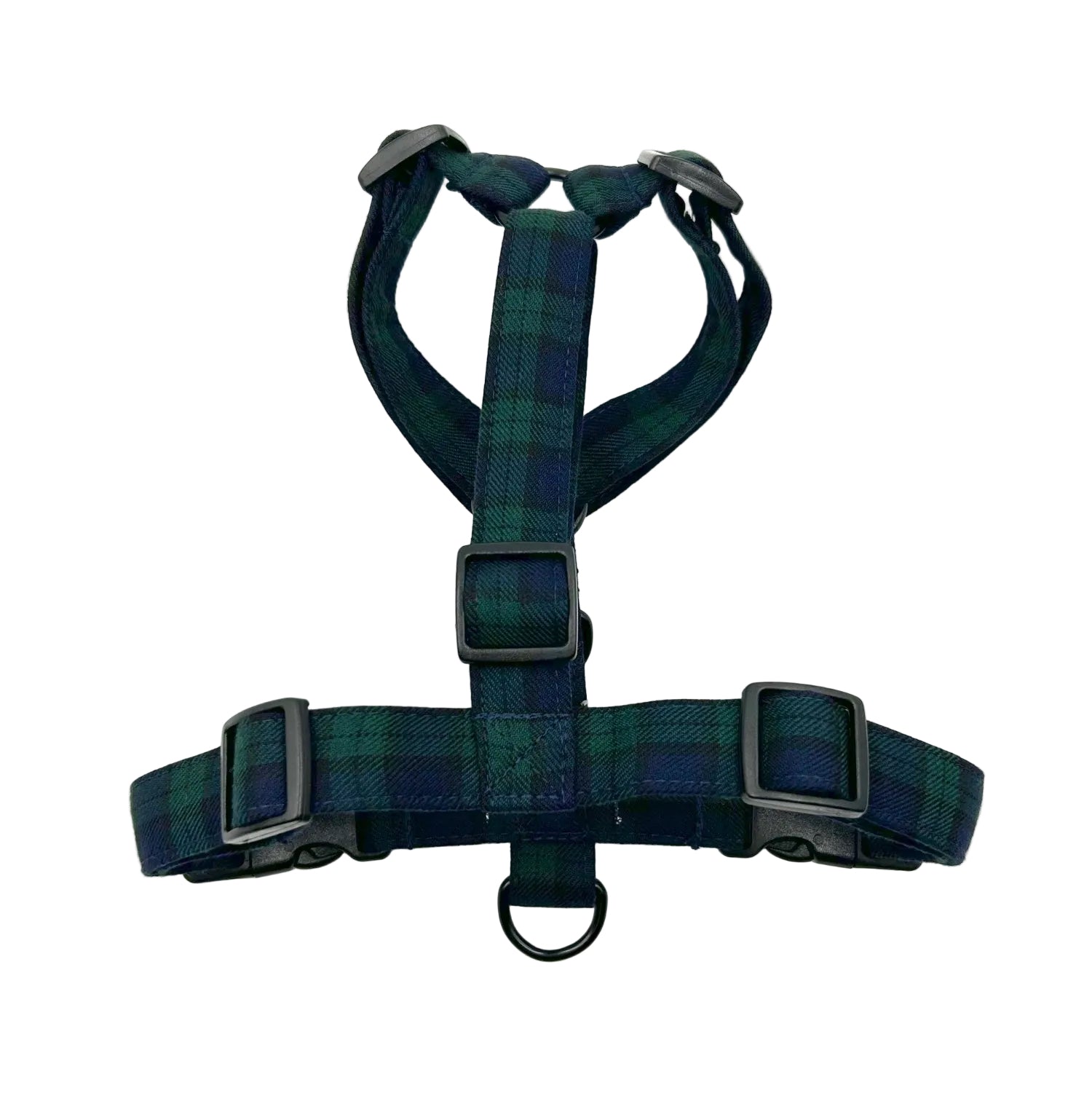 Dog harness with black and green plaid pattern on a white background handmade in the UK by Barkley And Fetch