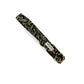 Black and gold patterned belt with a visible brand label on a white background