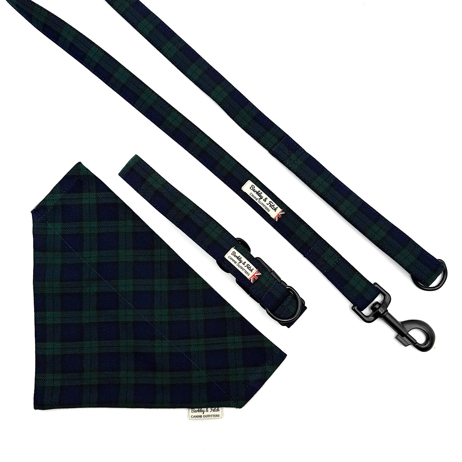 Green plaid dog bandana and leash set on a white background