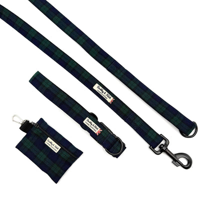 Navy and green plaid dog leash and matching pouch on a white background