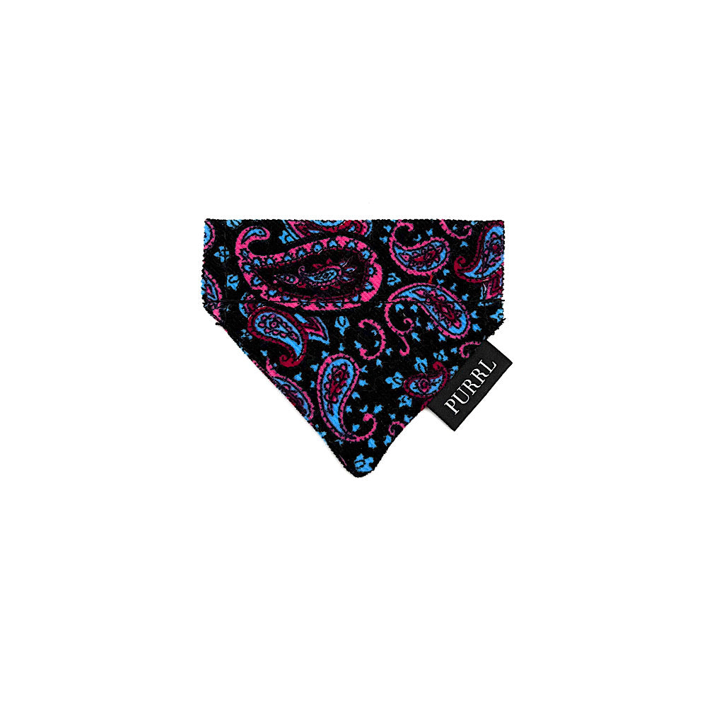 Cat bandana with pink and blue paisley pattern on a white background handmade in UK by Barkley And Fetch