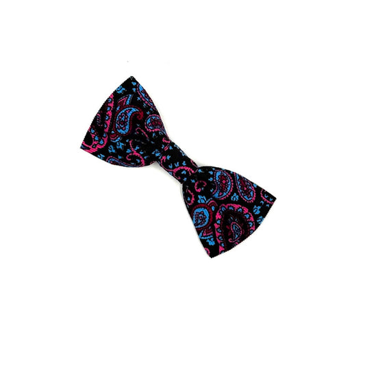Black bow tie with pink and blue paisley pattern on a white background