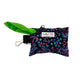 Black patterned bag with a green leaf and keychain clip on a white background