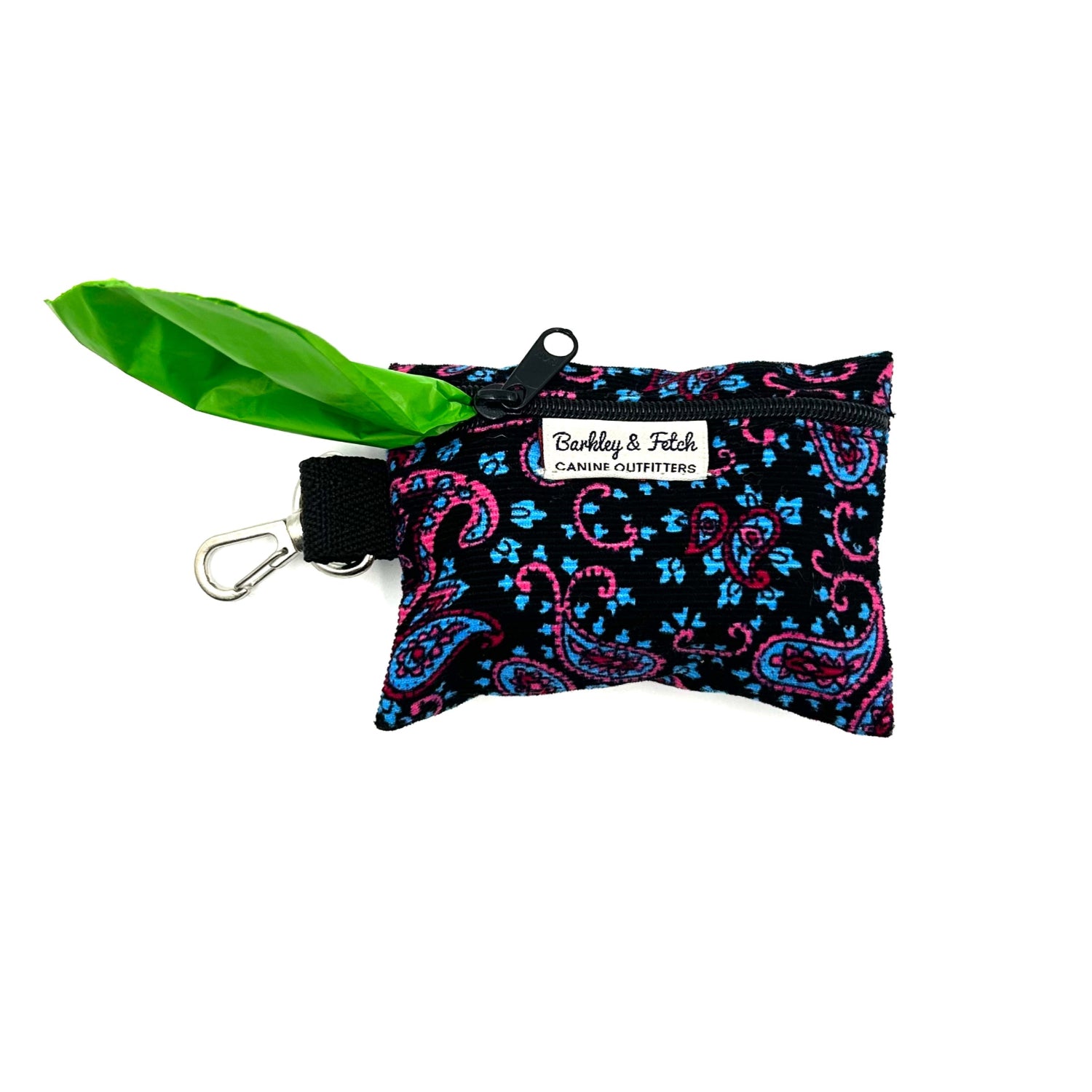 Black patterned bag with a green leaf and keychain clip on a white background