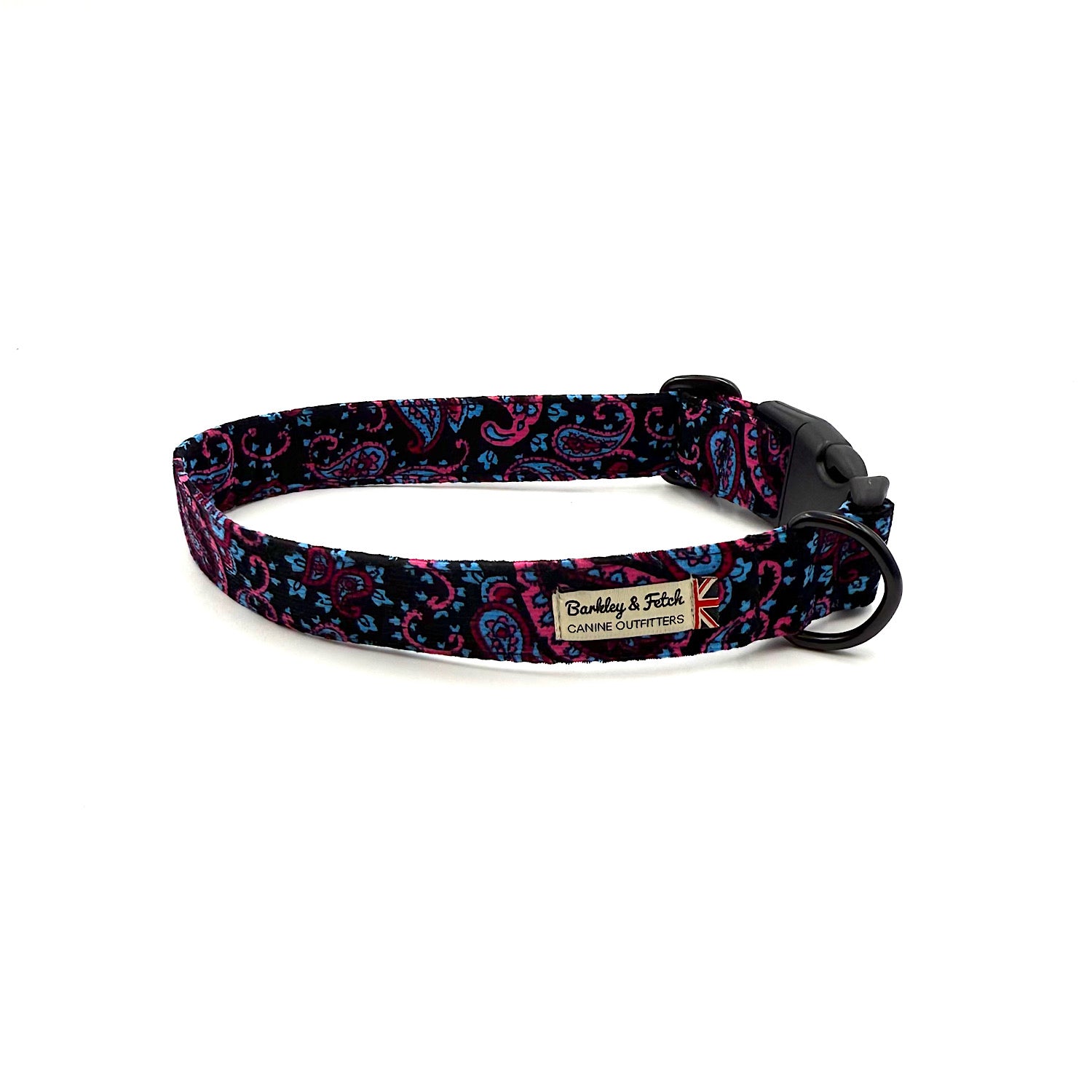 Dog collar with black and pink pattern on a white background