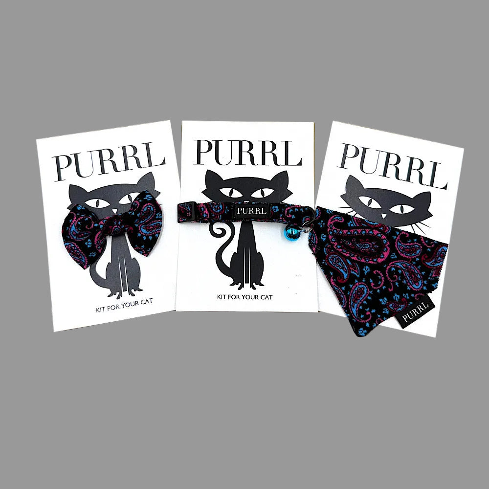 Three 'PURRL' cat product packages with a gray background handmade in UK by Barkley And Fetch