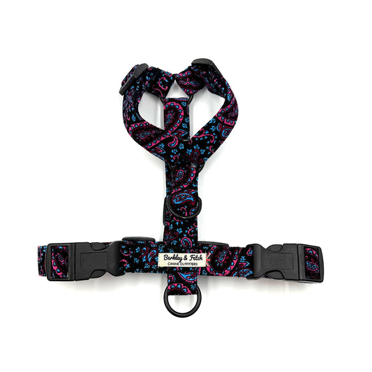 Dog harness with colorful paisley pattern on a white background handmade in UK by Barkley And Fetch