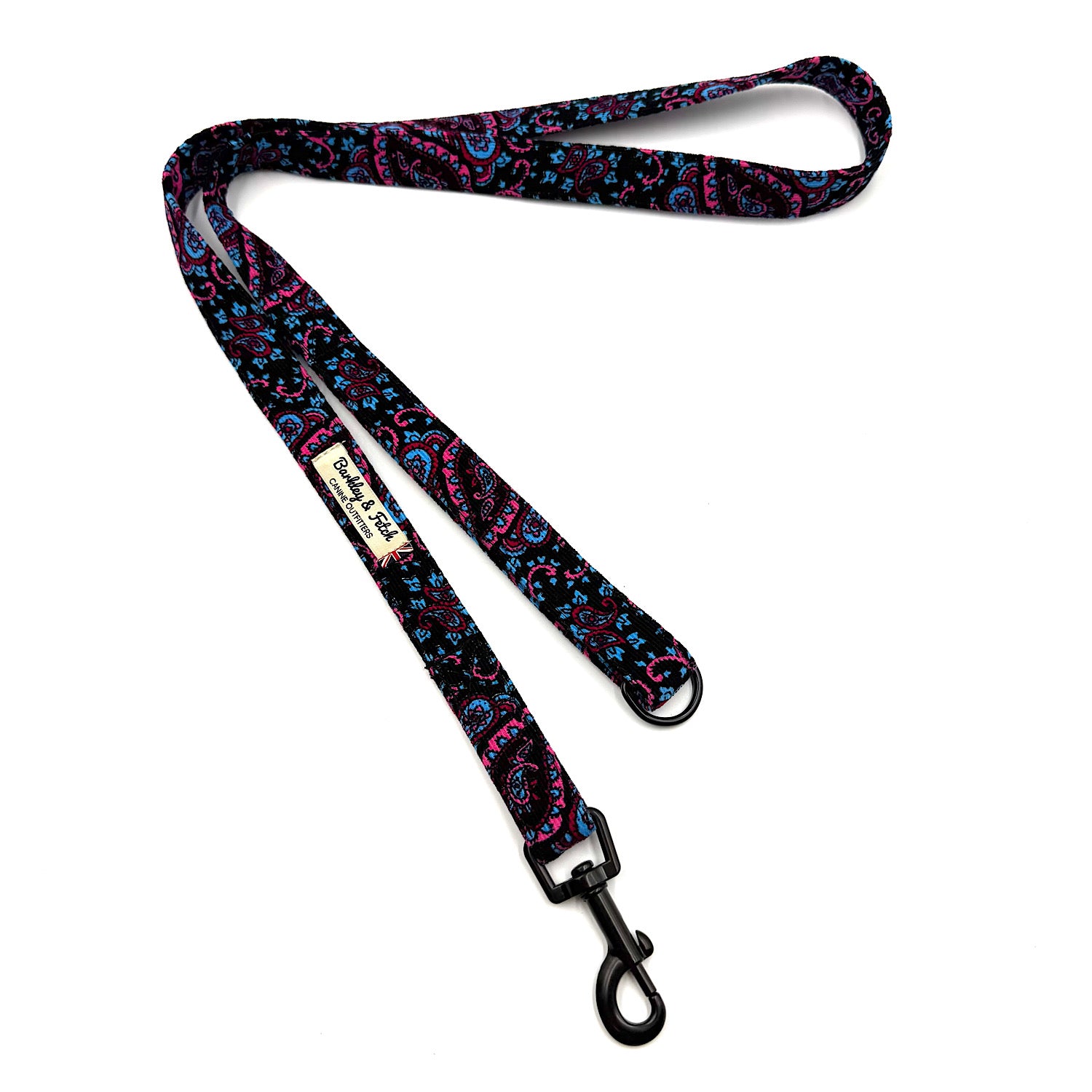 Patterned dog leash with a brand tag on a white background
