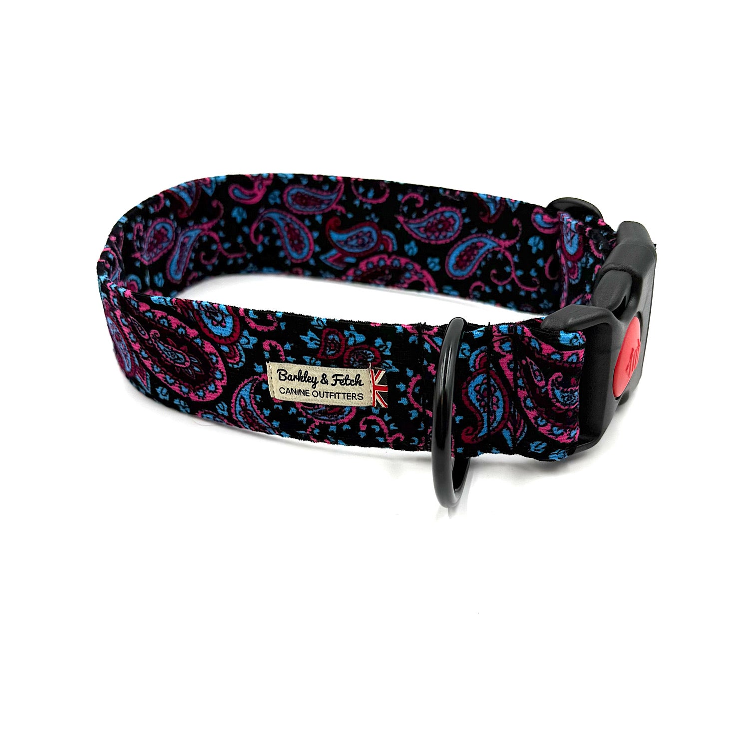 Dog collar with black and pink paisley pattern on a white background