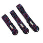 Three paisley-patterned straps with black buckles on a white background