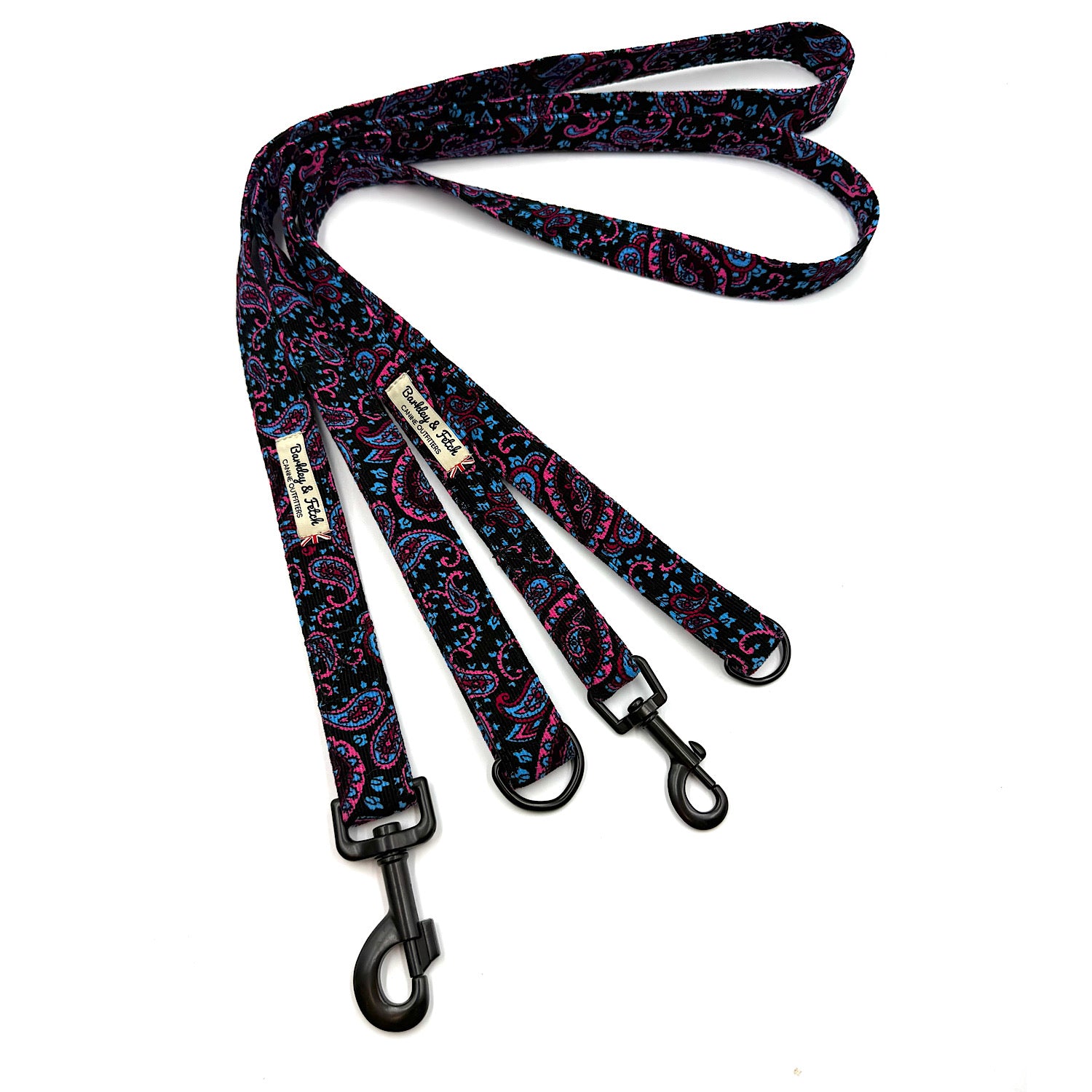 Dog leash with colorful paisley pattern on a white background