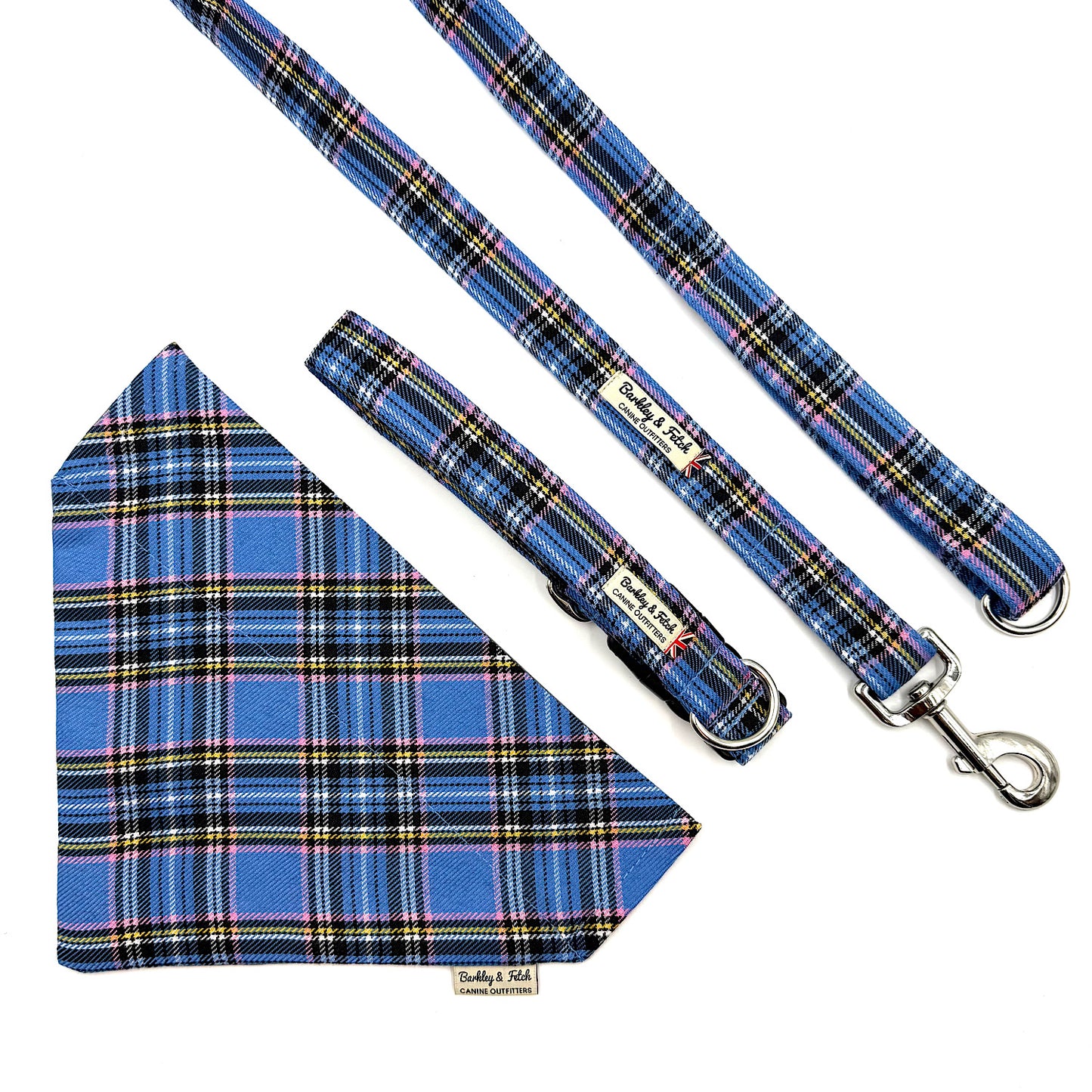 Blue plaid dog collar, leash, and bandana set on a white background