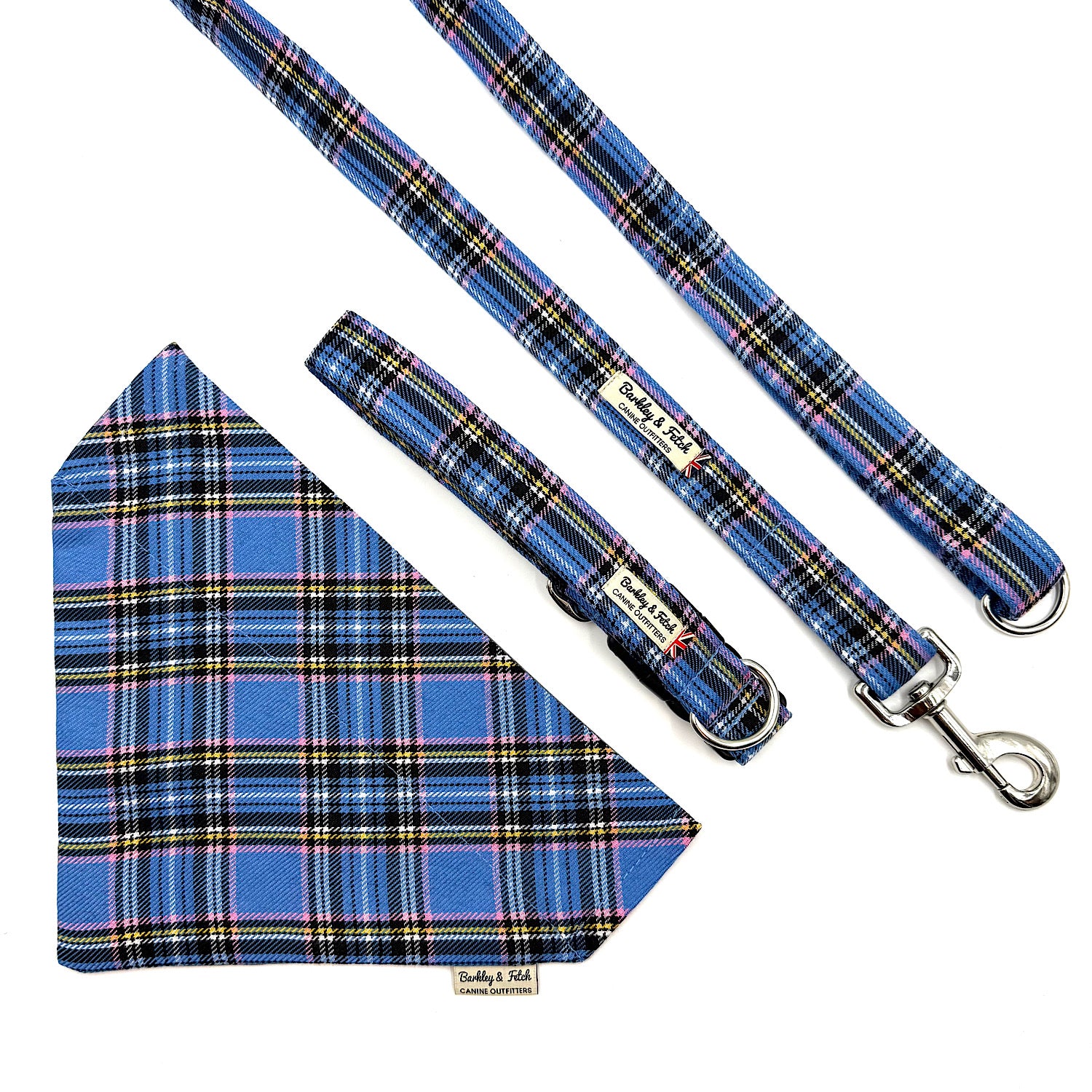 Blue plaid dog collar, leash, and bandana set on a white background