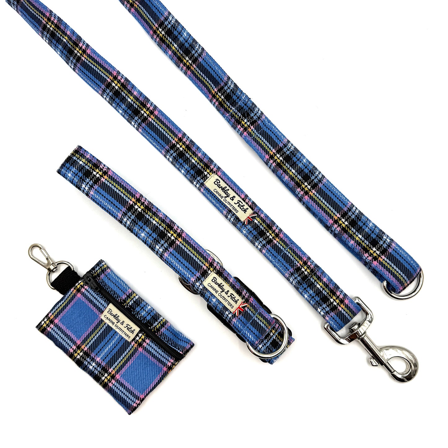 Blue plaid dog leash and matching pouch on a white background