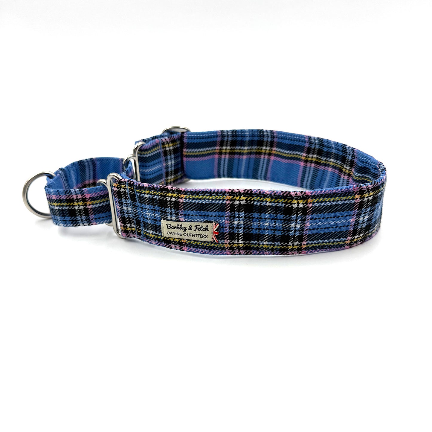Plaid dog collar with metal buckle on a white background