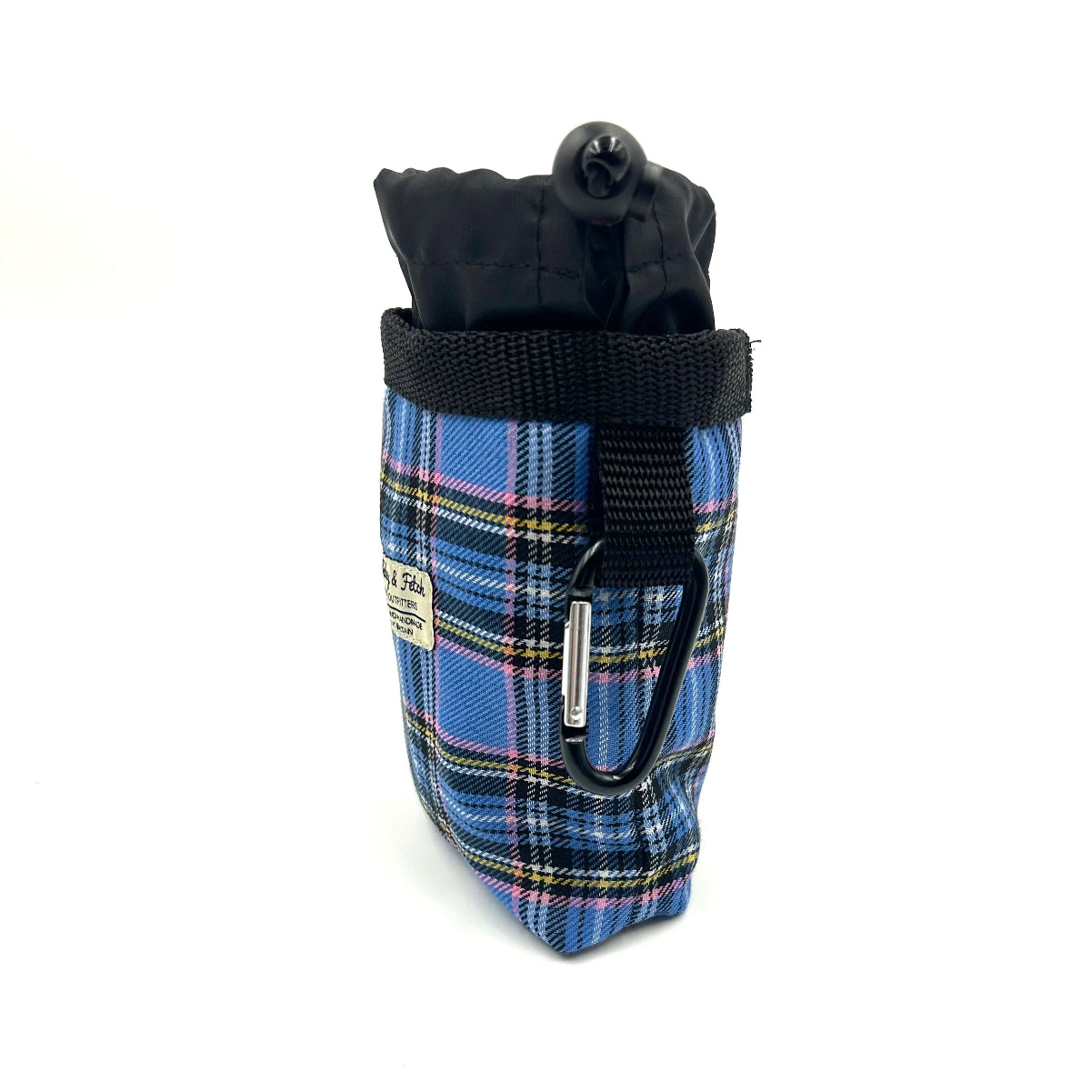 Blue plaid pouch with black strap and carabiner on a white background