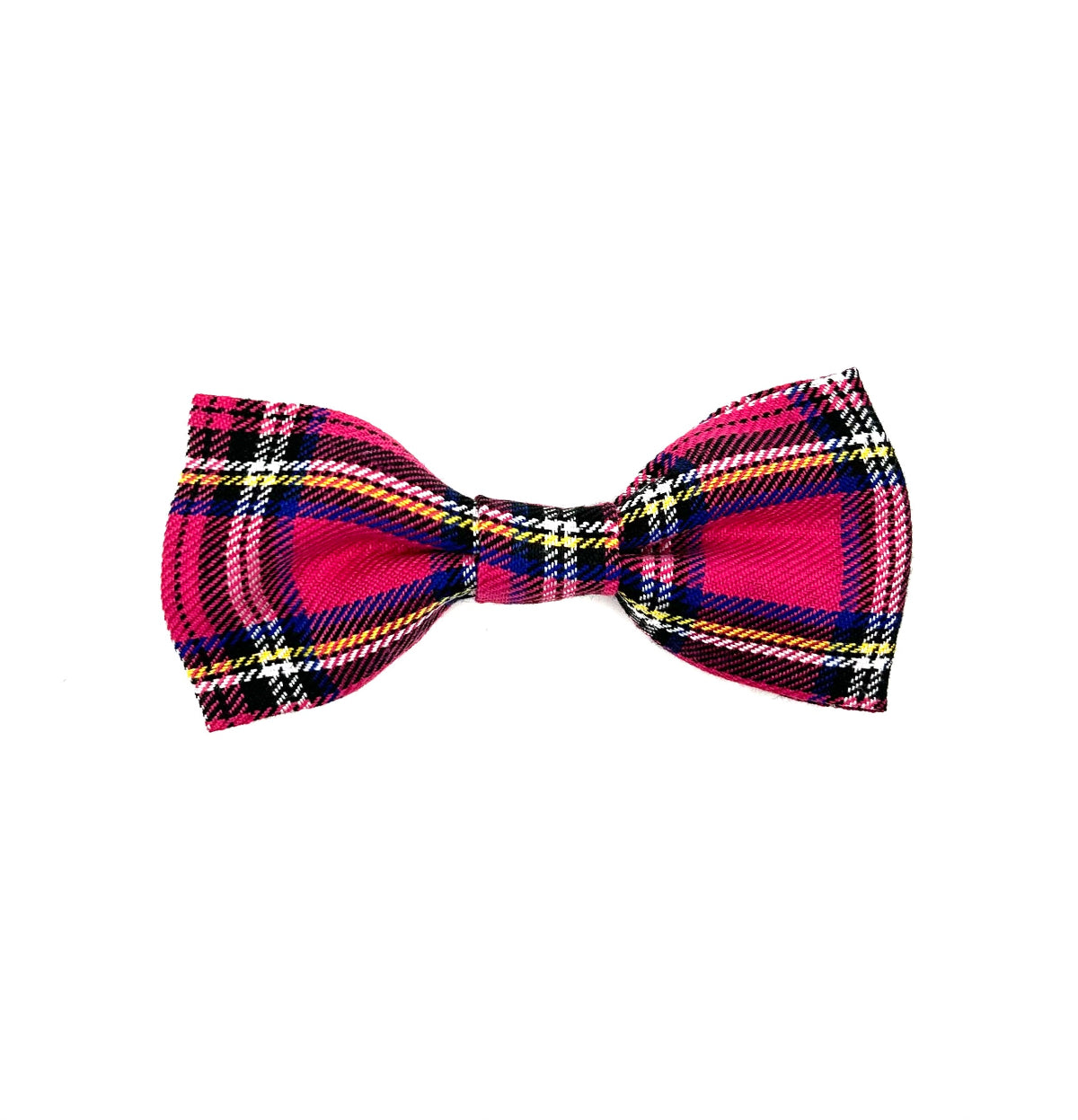 A bright pink tartan pattern dog bowtie.